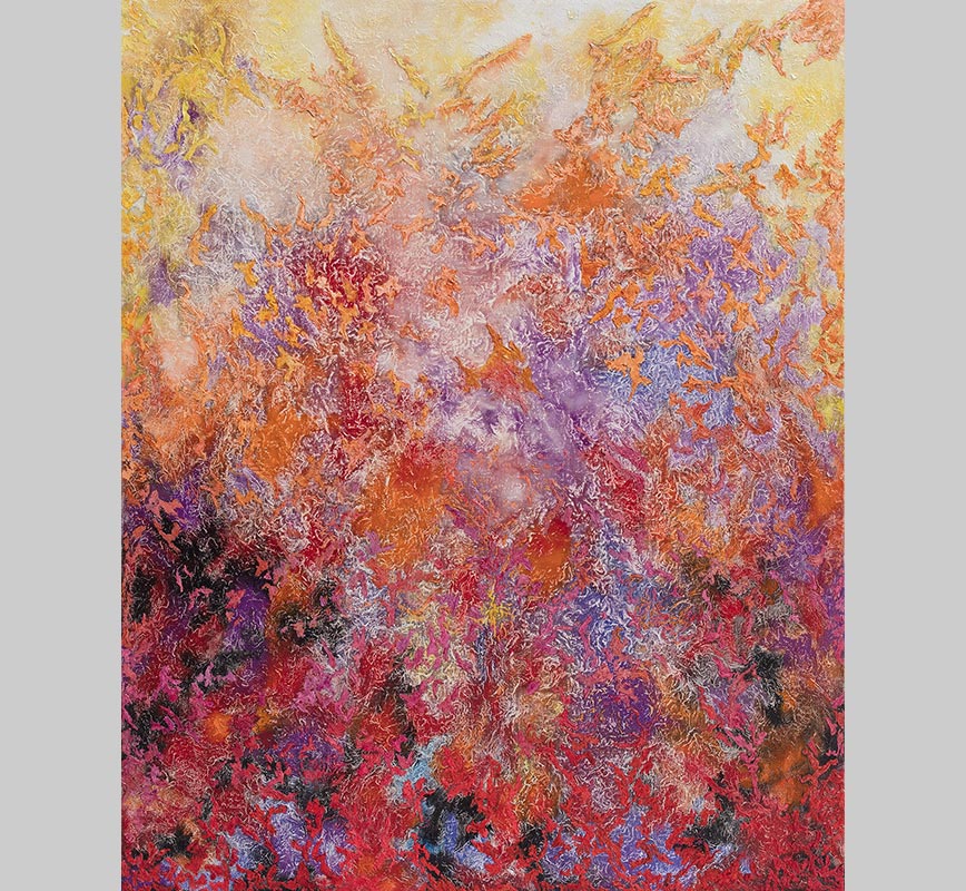 Abstract painting with reference to nature. Mainly red and purple colors. Title: Voluptatis Solis
