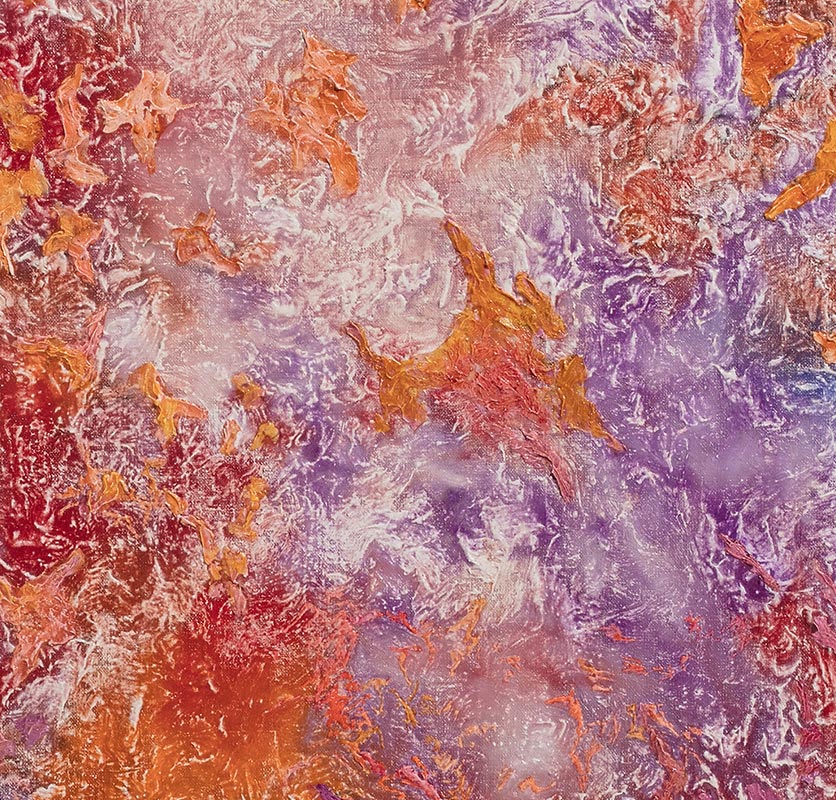 Detail of an abstract painting with reference to nature. Mainly red and purple colors. Title: Voluptatis Solis