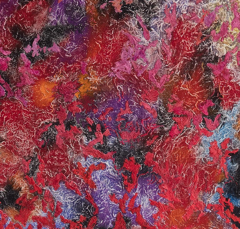 Detail of an abstract painting with reference to nature. Mainly red and purple colors. Title: Voluptatis Solis
