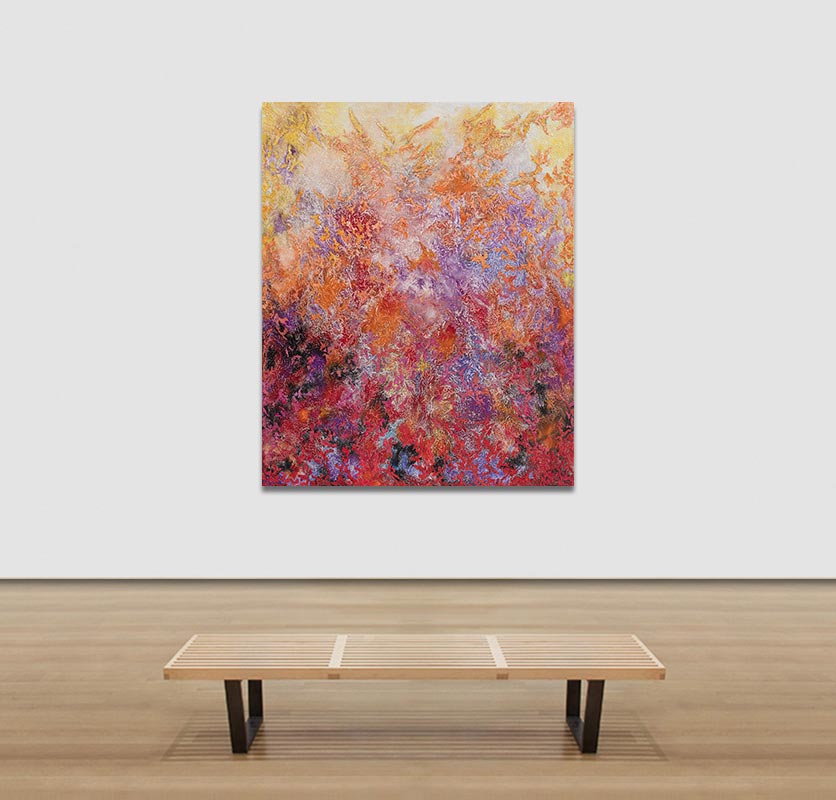 View in a Room of an Abstract painting with reference to nature. Mainly red and purple colors. Title: Voluptatis Solis