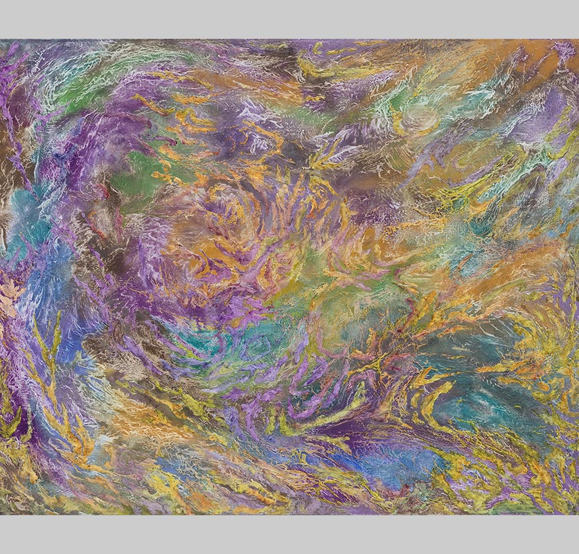 Abstract painting with reference to nature. Mainly purple, green, and yellow colors. Title: Certamen Coloris et Materiae