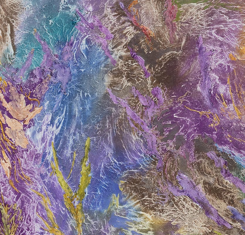 Detail of an abstract painting with reference to nature. Mainly purple, green, and yellow colors. Title: Certamen Coloris et Materiae