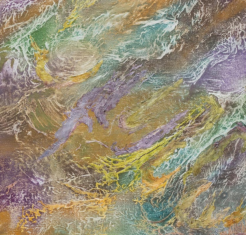 Detail of an abstract painting with reference to nature. Mainly purple, green, and yellow colors. Title: Certamen Coloris et Materiae