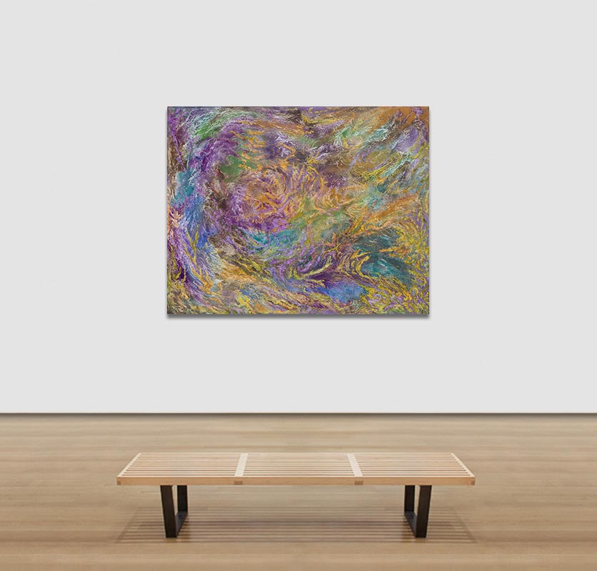 View in a Room of an Abstract painting with reference to nature. Mainly purple, green, and yellow colors. Title: Certamen Coloris et Materiae
