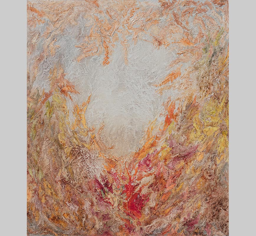 Abstract painting with reference to nature. Mainly beige and orange colors. Title: Ex Materia Ad Energia