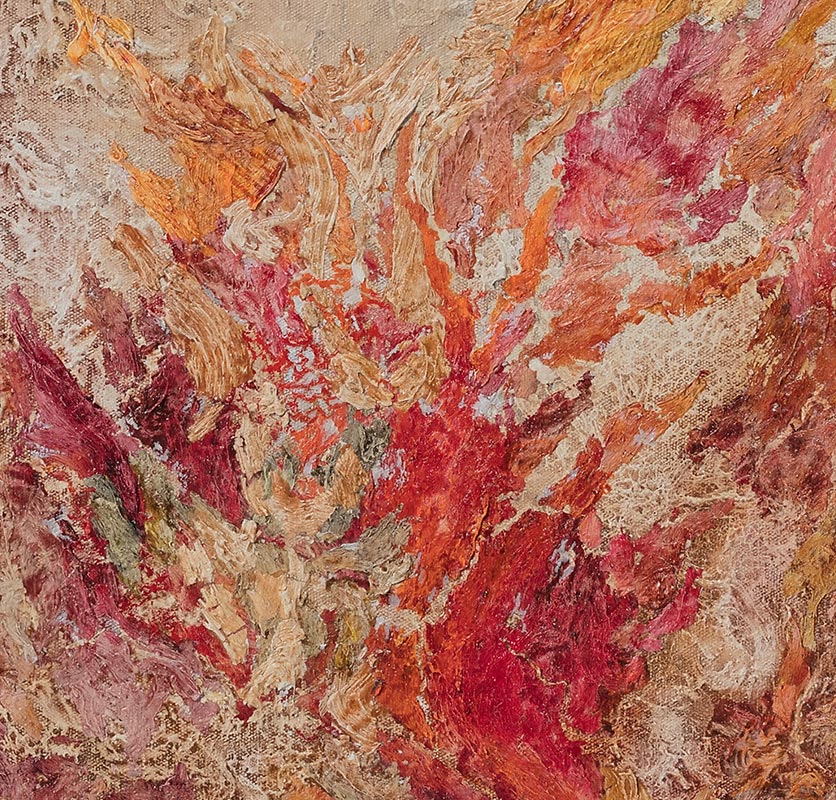 Detail of an abstract painting with reference to nature. Mainly beige and orange colors. Title: Ex Materia Ad Energia