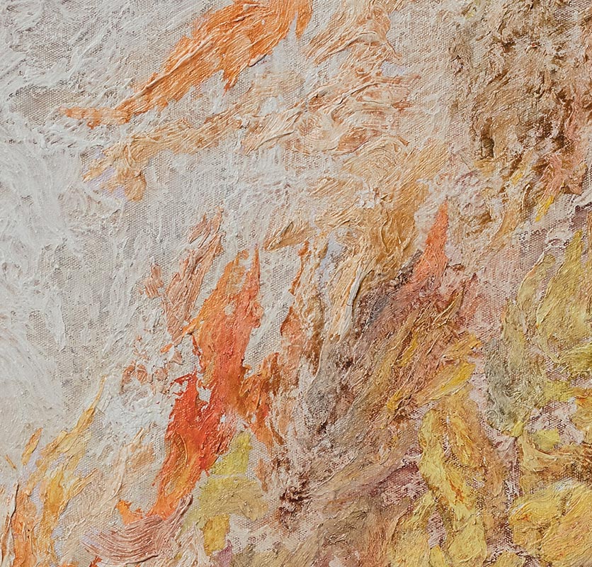 Detail of an abstract painting with reference to nature. Mainly beige and orange colors. Title: Ex Materia Ad Energia