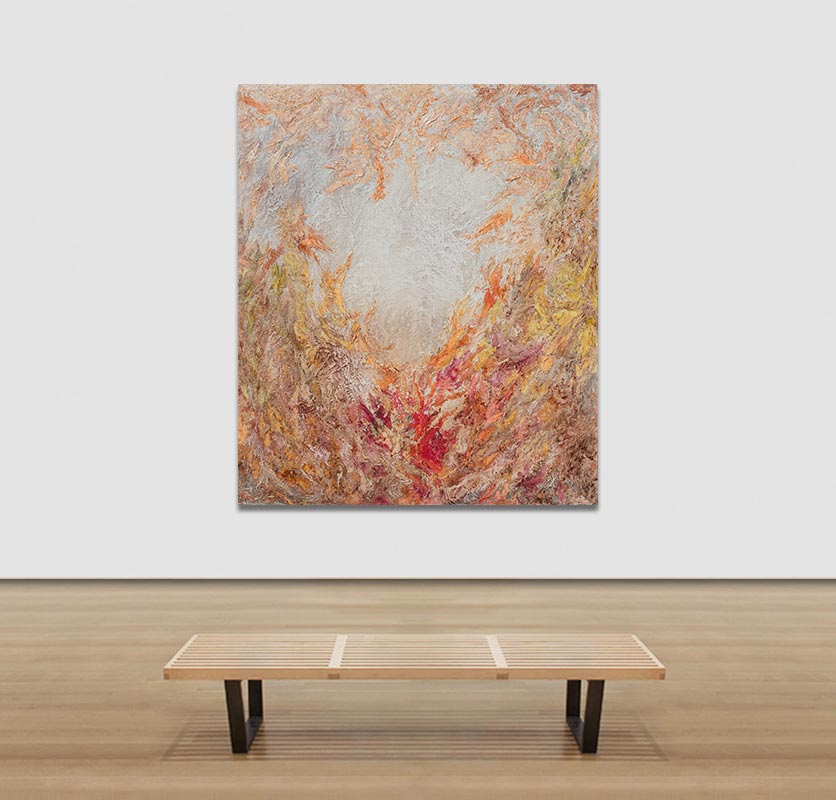 View in a room of an abstract painting with reference to nature. Mainly beige and orange colors. Title: Ex Materia Ad Energia