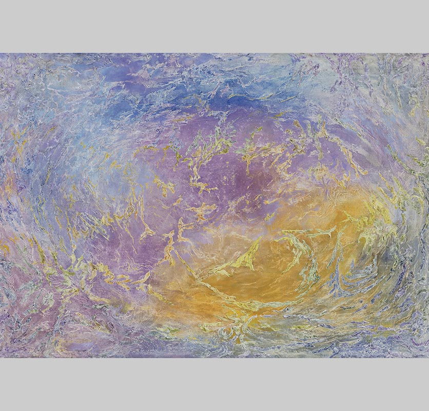 Abstract painting with reference to nature. Mainly purple and yellow colors. Title: Natantes