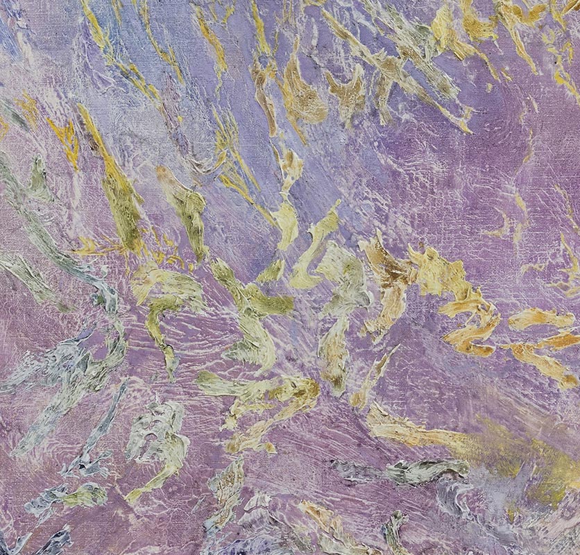 Detail of an abstract painting with reference to nature. Mainly purple and yellow colors. Title: Natantes