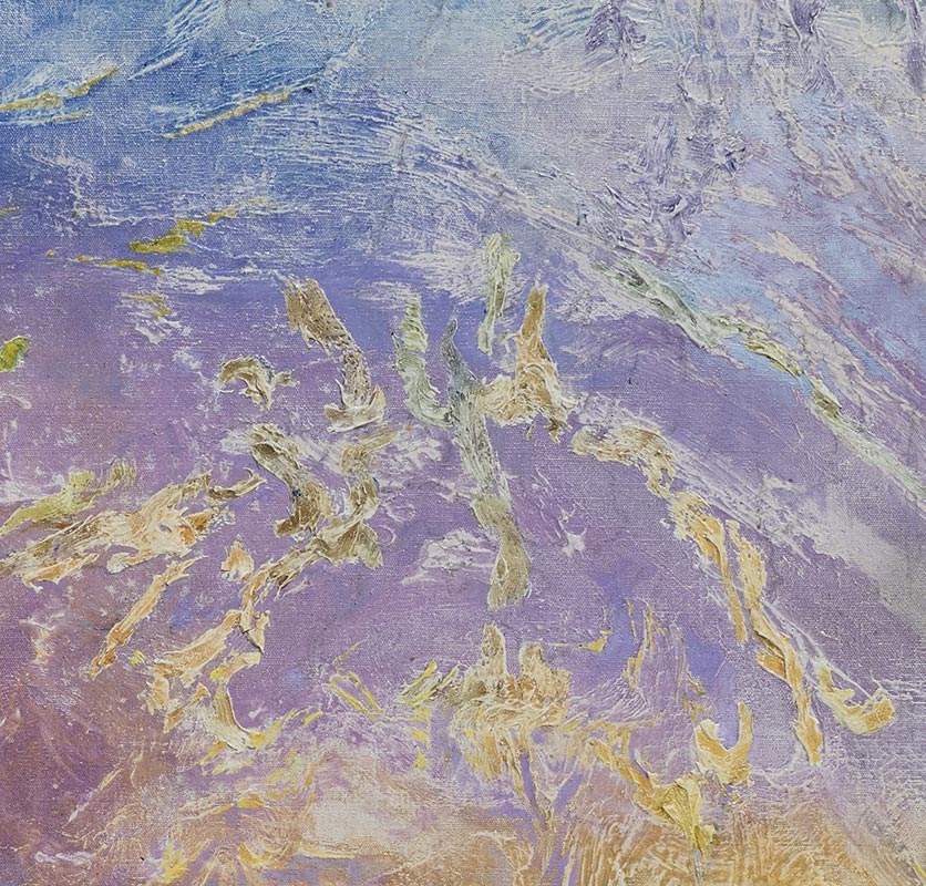 Detail of an abstract painting with reference to nature. Mainly purple and yellow colors. Title: Natantes