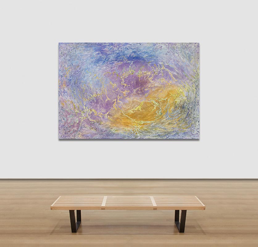 View in a Room of an abstract painting with reference to nature. Mainly purple and yellow colors. Title: Natantes