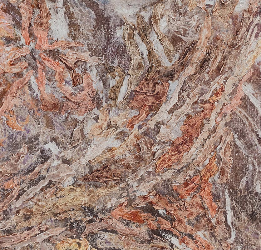 Detail of an abstract painting with reference to nature. Mainly beige and orange colors. Title: Quaerere Stabilitatis