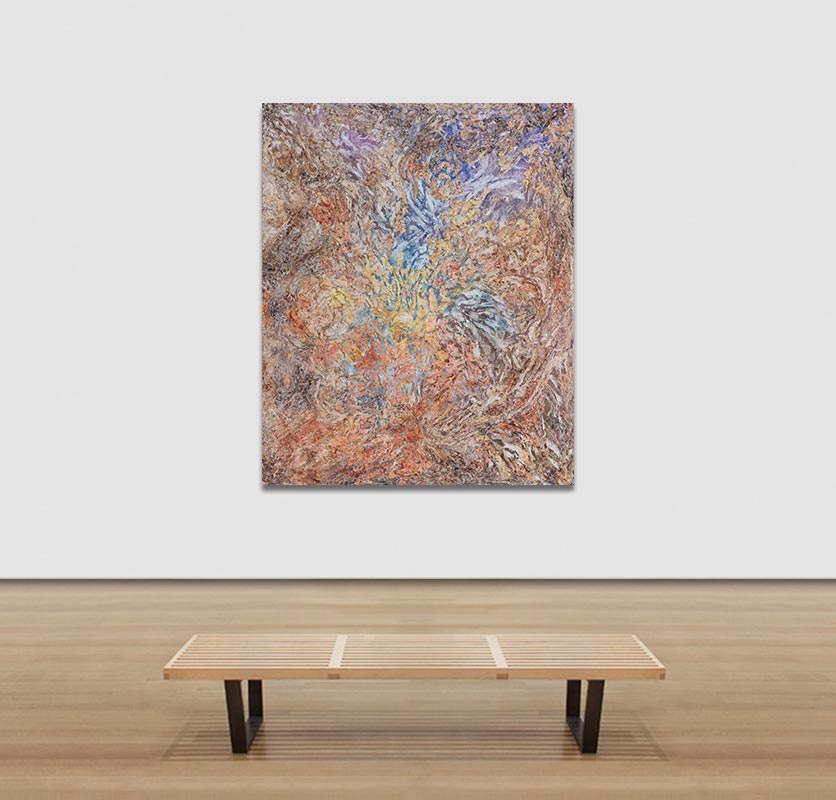 View in a Room of an abstract painting with reference to nature. Mainly beige and orange colors. Title: Quaerere Stabilitatis