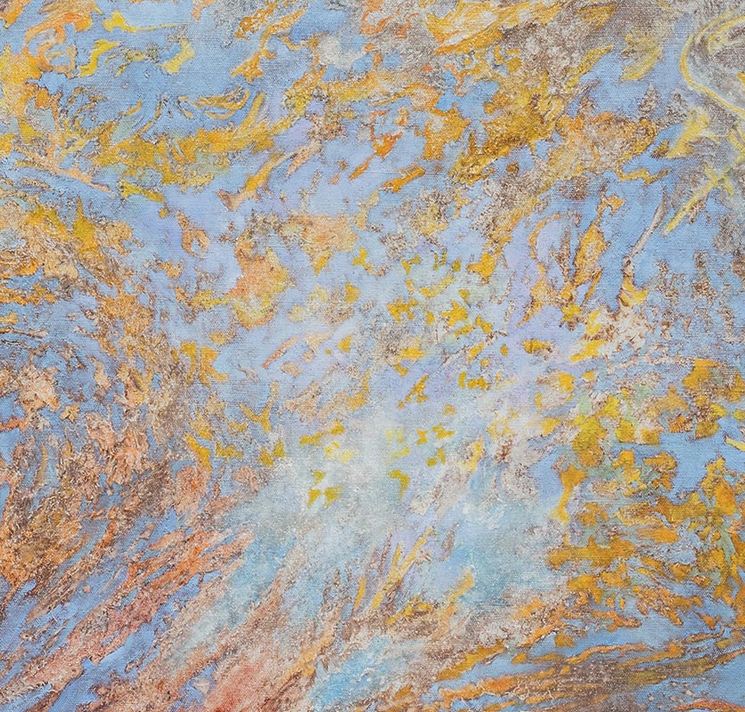 Detail of an abstract painting with reference to nature. Mainly blue, yellow, and rust colors. Title: Materia et Antimateria
