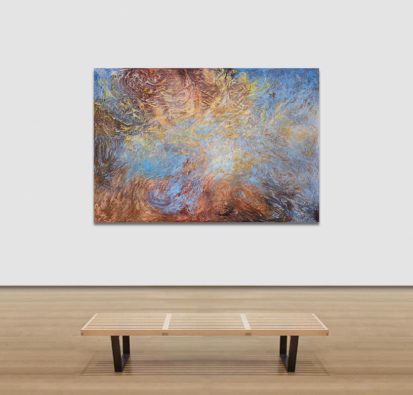View in a Room of an abstract painting with reference to nature. Mainly blue, yellow, and rust colors. Title: Materia et Antimateria