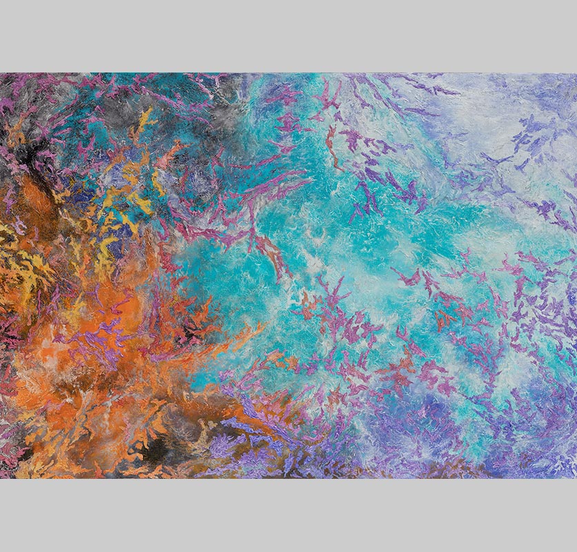 Abstract painting with reference to nature. Mainly turquoise, purple, and orange colors. Title: Proelium Colorum