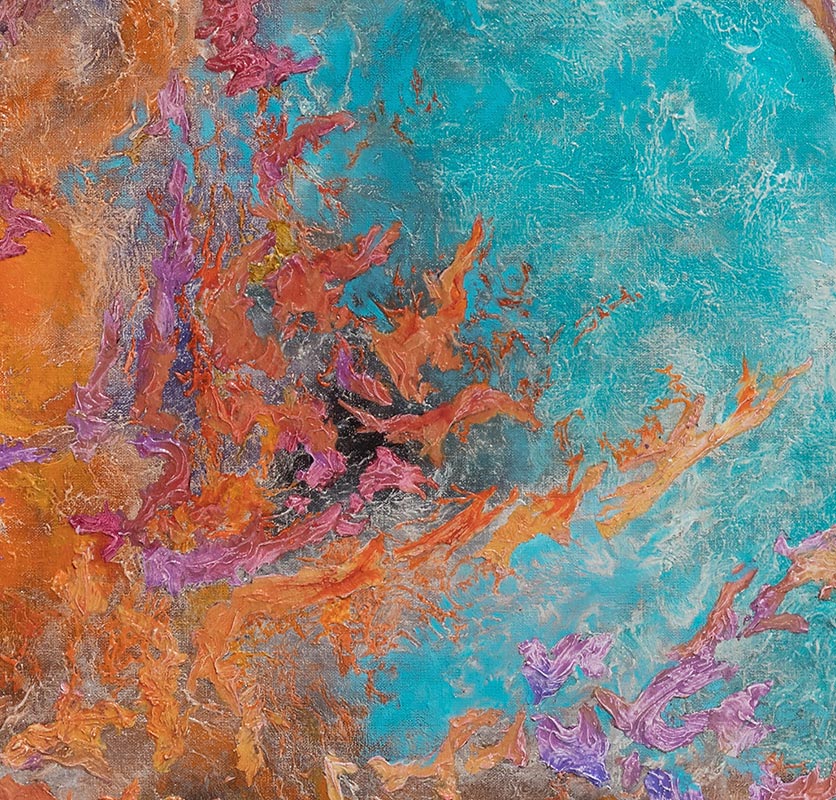 Detail of an abstract painting with reference to nature. Mainly turquoise, purple, and orange colors. Title: Proelium Colorum
