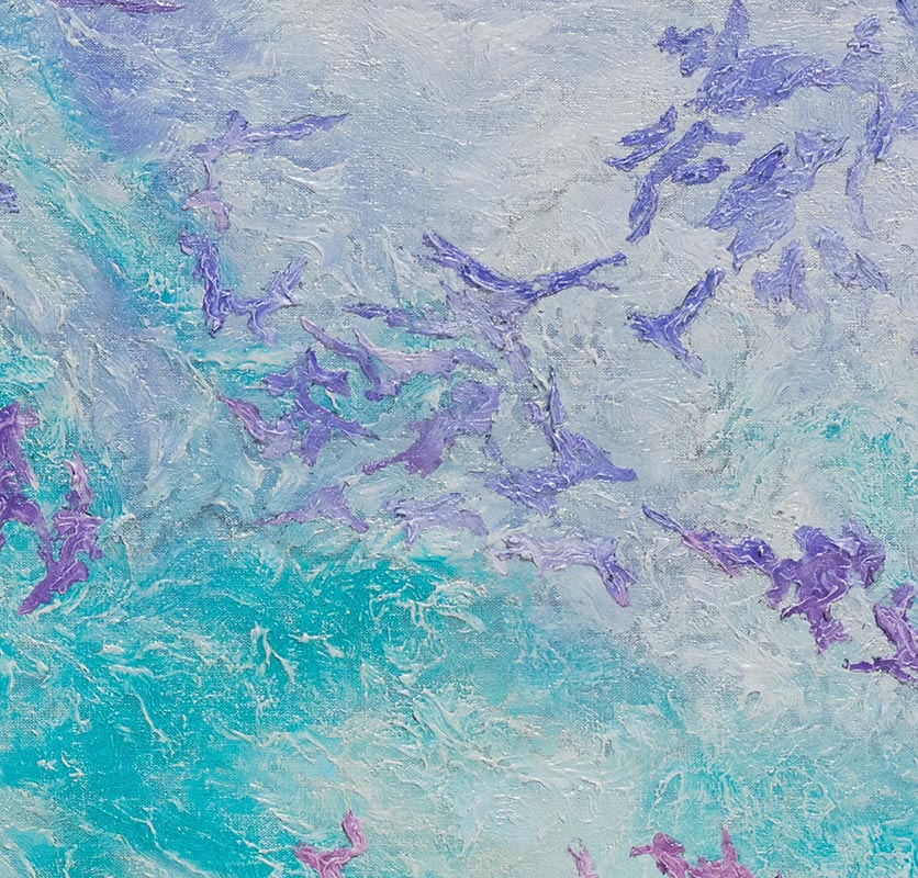 Detail of an abstract painting with reference to nature. Mainly turquoise, purple, and orange colors. Title: Proelium Colorum