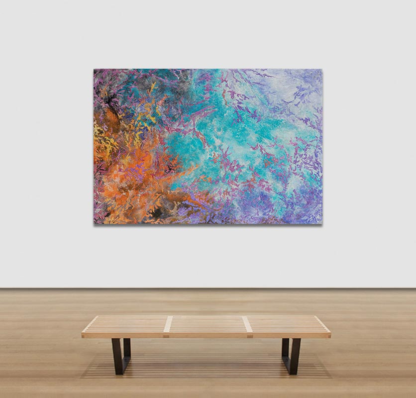 View in a Room of an abstract painting with reference to nature. Mainly turquoise, purple, and orange colors. Title: Proelium Colorum