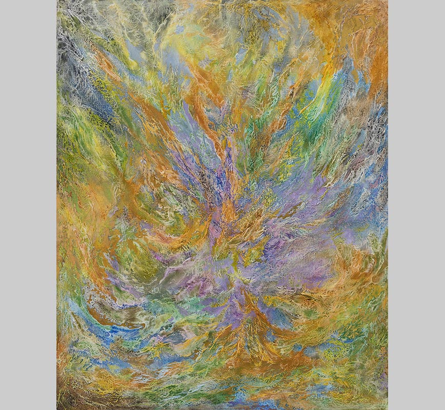 Abstract painting with reference to nature. Mainly green, purple, and yellow colors. Title: Hortis Haeram