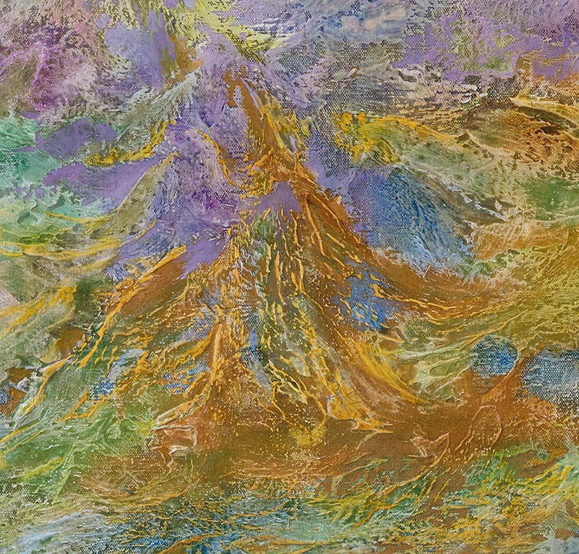 Detail of an abstract painting with reference to nature. Mainly green, purple, and yellow colors. Title: Hortis Haeram