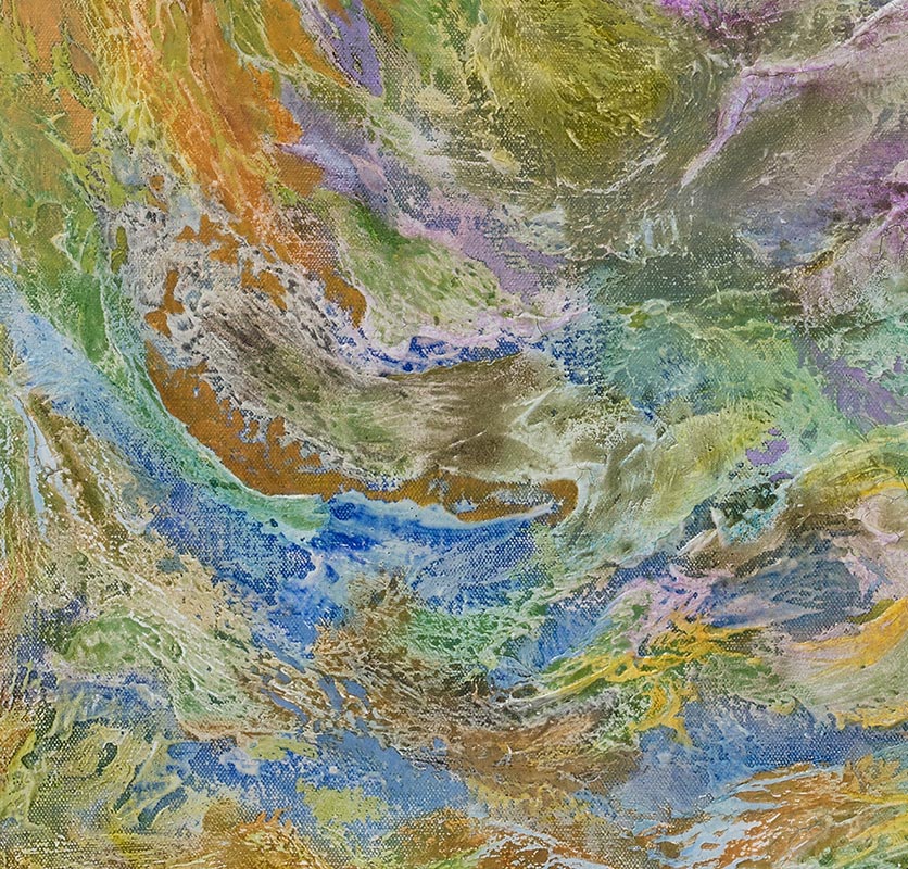 Detail of an abstract painting with reference to nature. Mainly green, purple, and yellow colors. Title: Hortis Haeram