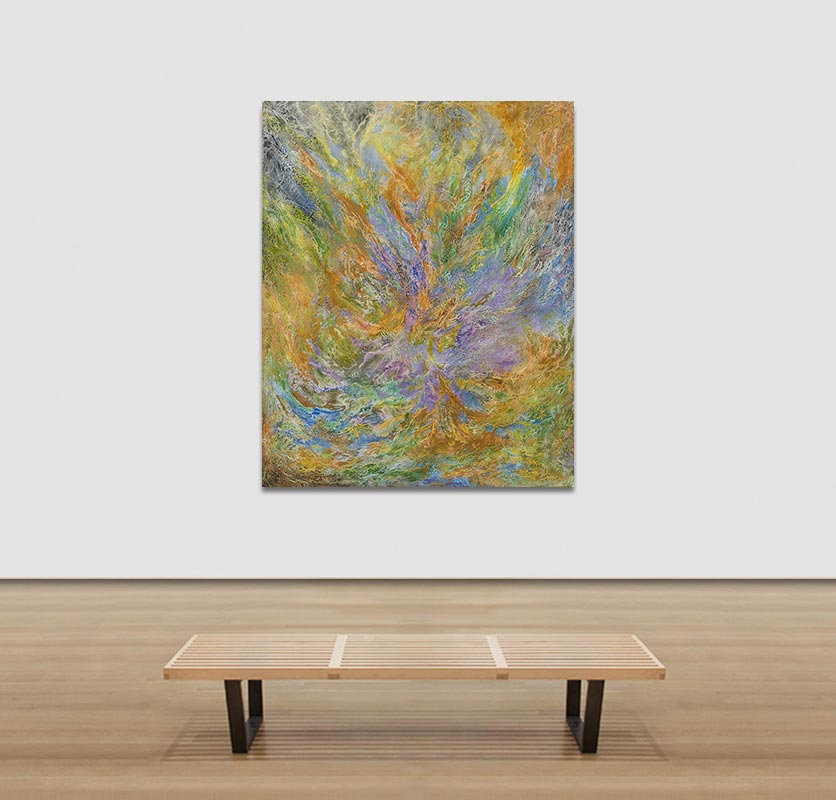 View in a Room of an abstract painting with reference to nature. Mainly green, purple, and yellow colors. Title: Hortis Haeram