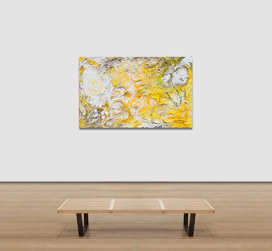 View in a Room of Abstract painting with reference to nature. Mainly yellow colors. Title: Horti Solis