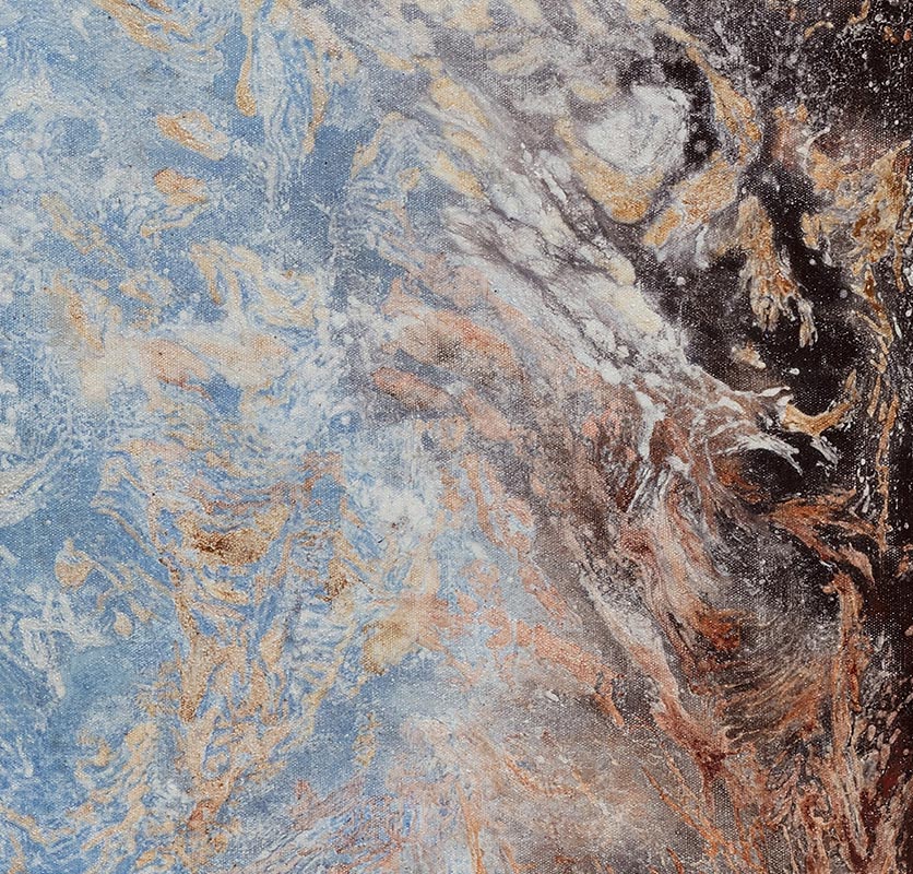 Detail of an abstract painting with reference to nature. Mainly beige and blue colors. Title: In Lucem