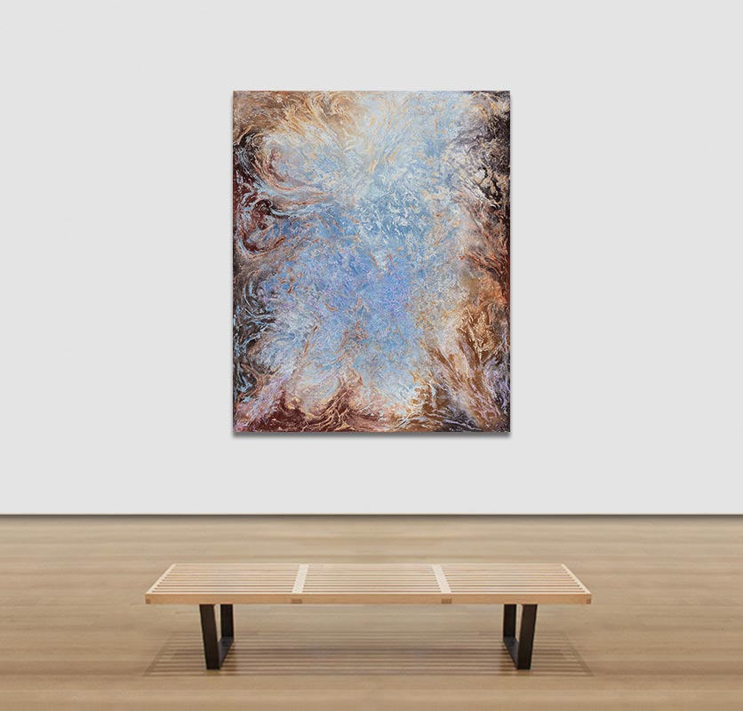 View in a Room of an abstract painting with reference to nature. Mainly beige and blue colors. Title: In Lucem