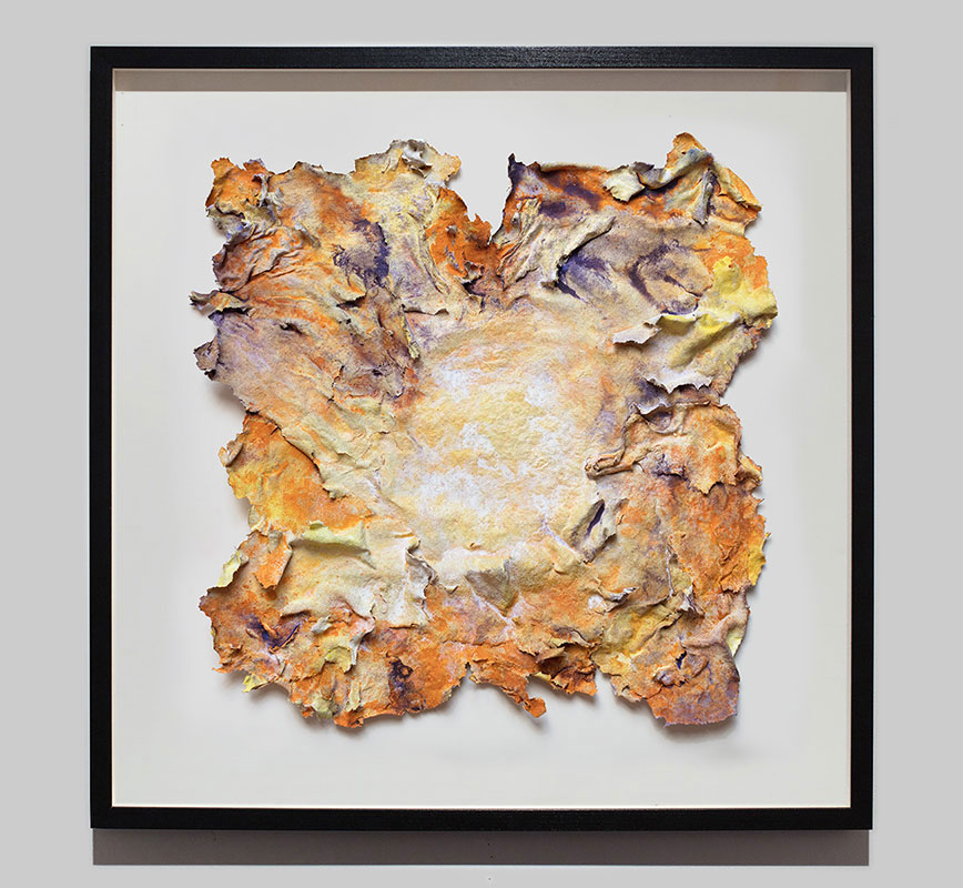 Framed abstract textural work on paper. Mainly yellow and orange colors. Title: Estate Lux (Summer Light)