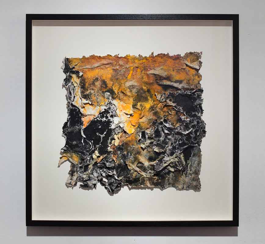 Framed abstract textural work on paper. Mainly yellow and black colors. Title: Charta: Ater, Gilvus et Flavus