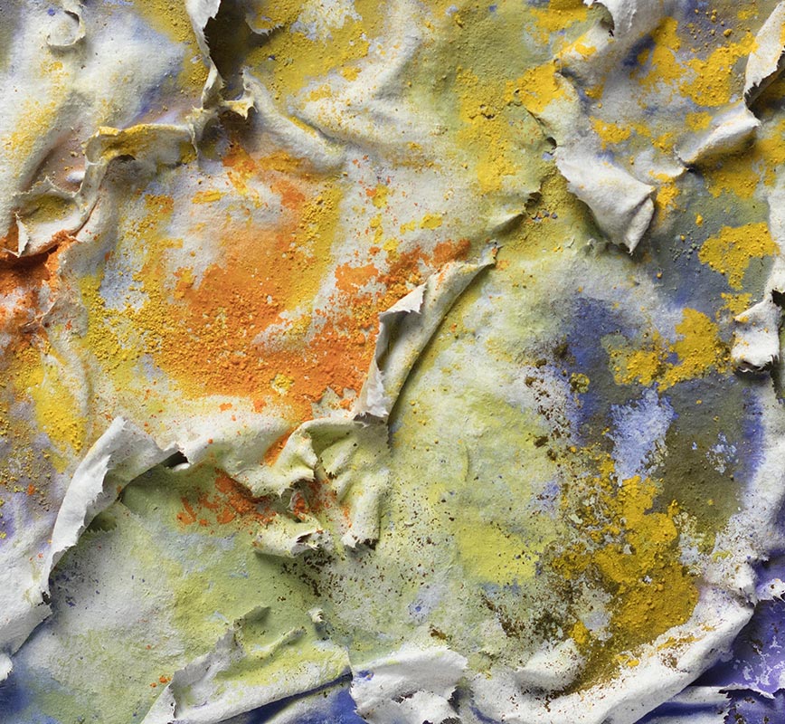 Detail of an abstract textural work on paper. Mainly yellow and blue colors. Title: Aequinoctium Vernum (Spring Equinox)