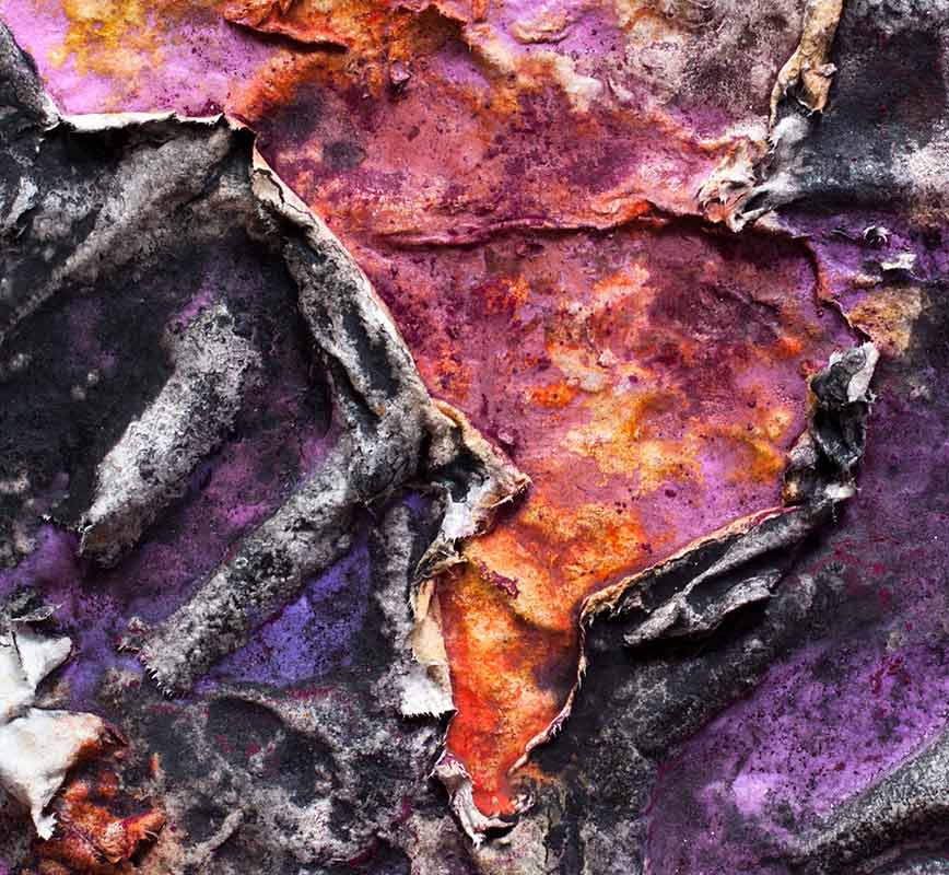 Detail of an abstract textural work on paper. Mainly purple colors. Title: Charta: Ater et Indicus