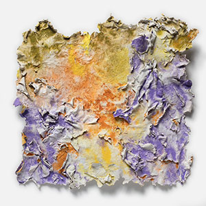 Abstract textural work on paper. Mainly yellow, orange, and purple colors. Title: Solstitium (Summer Solstice)