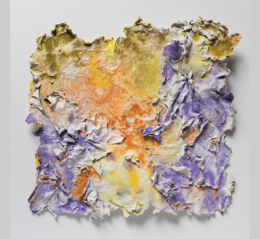 Abstract textural work on paper. Mainly yellow, orange, and purple colors. Title: Solstitium (Summer Solstice)