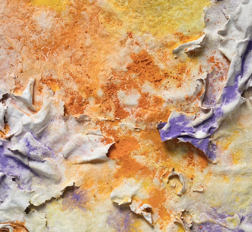 Detail of an abstract textural work on paper. Mainly yellow, orange, and purple colors. Title: Solstitium (Summer Solstice)